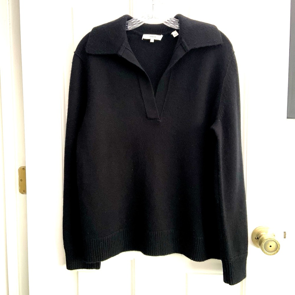 Vince Wool Cashmere Open Neck Polo Sweater Black Relaxed Fit women Small EUC